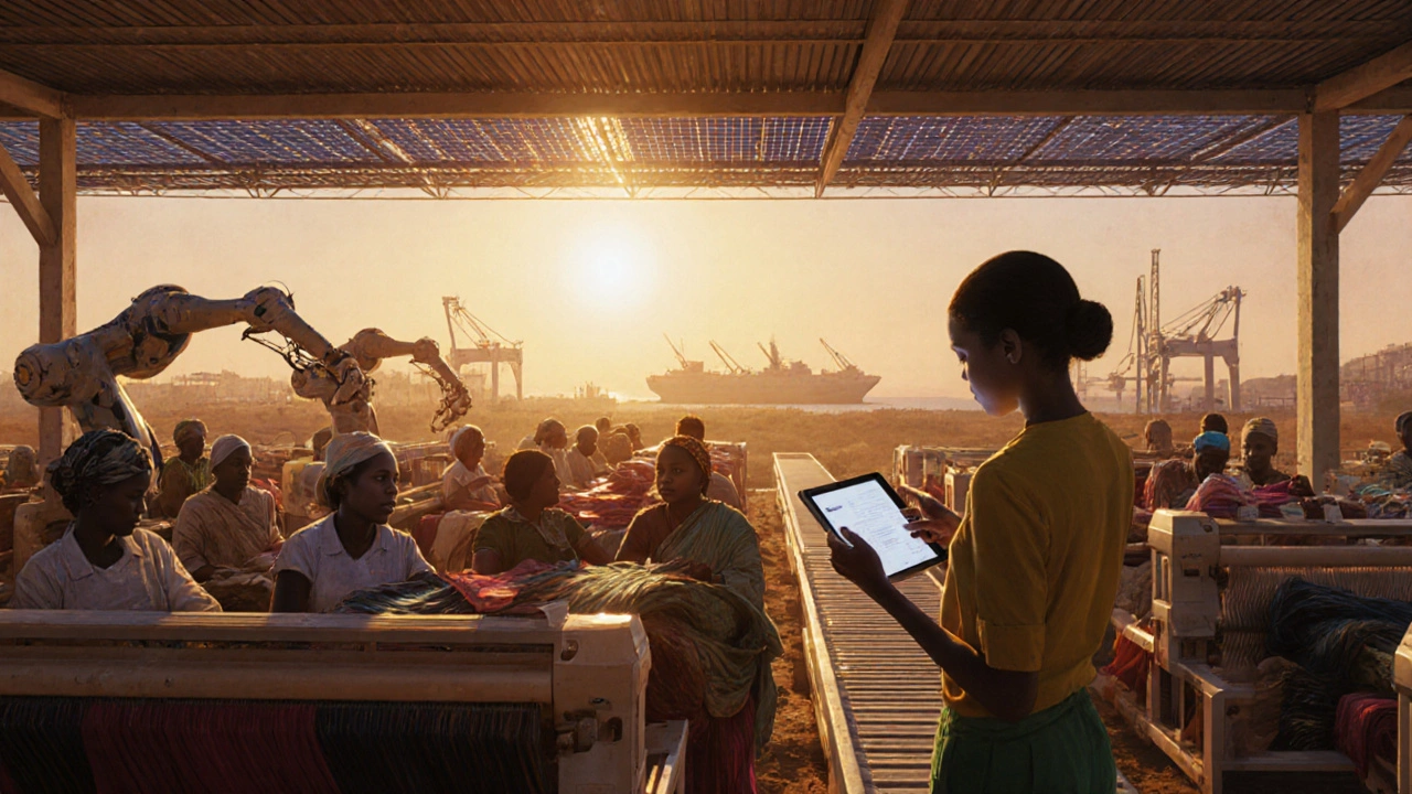 Futuristic African textile factory blending workers, robots, and solar panels.