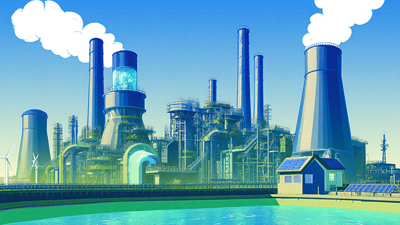 Futuristic illustration of the steel plant with carbon‑capture towers, green energy devices, and clean sky.