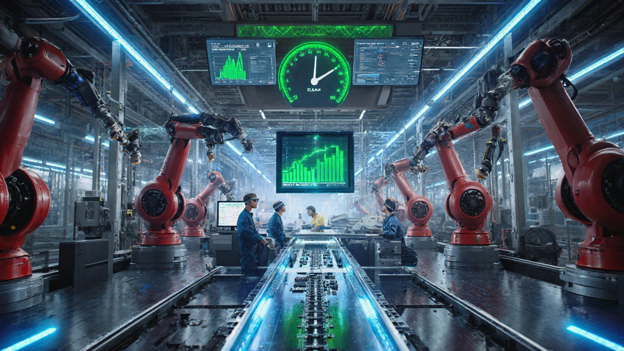 High‑tech factory floor with robots, holographic dashboards, and AI monitoring.