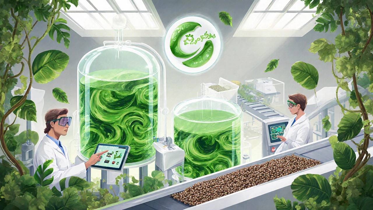 Illustration of a green polymer plant with bio‑reactors, scientists, and recycling symbols.