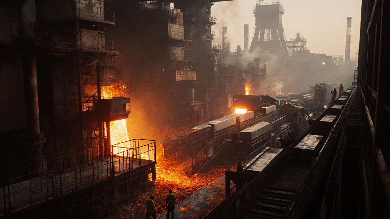Industrial interior with glowing blast furnaces, electric‑arc furnaces, and workers handling molten steel.