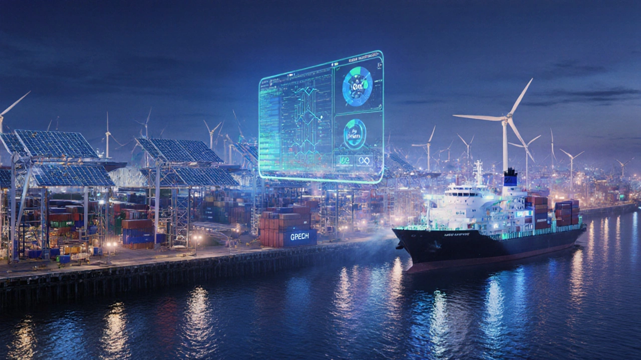 Nighttime futuristic chemical park with renewable energy, AI dashboards, and export ships.