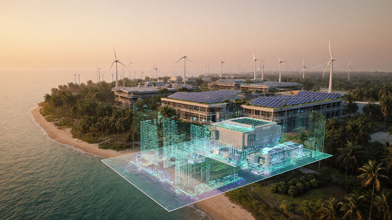 Sustainable coastal factory with solar panels, wind turbines, and digital twin overlay.