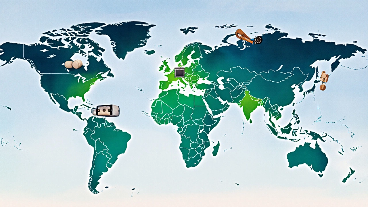 World map colored by manufacturing cost index with industry icons.